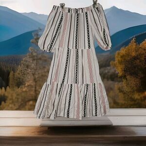 Boho Hippie Tiered Midi Dress Size Small Off Cold Shoulder Puff Sleeves Comfort